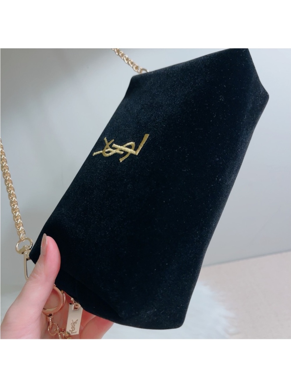 YSL YVES SAINT LAURENT Black Velvet bag purse clutch Gold Logo Chain tassel - Picture 5 of 9